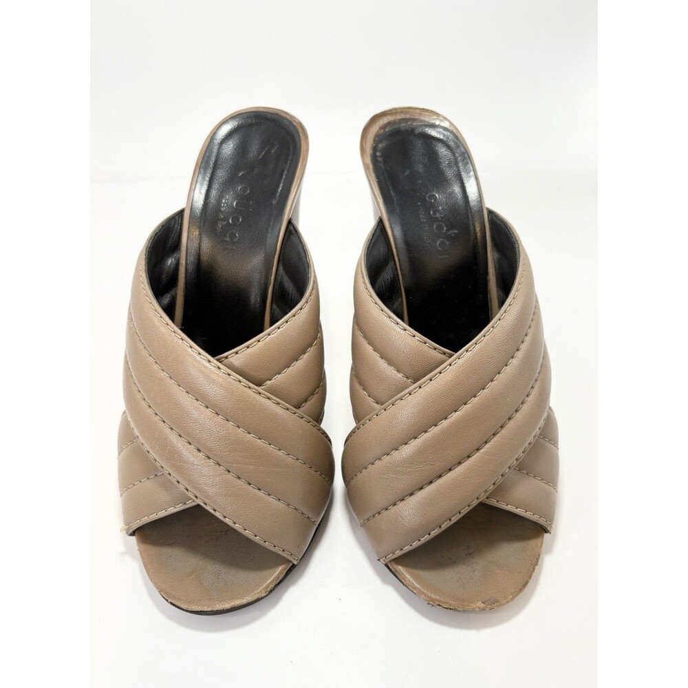 Gucci Block Heels Brown Quilted Leather Open Toe Slides Kid Mules Sz EU 35 5 - Picture 3 of 11